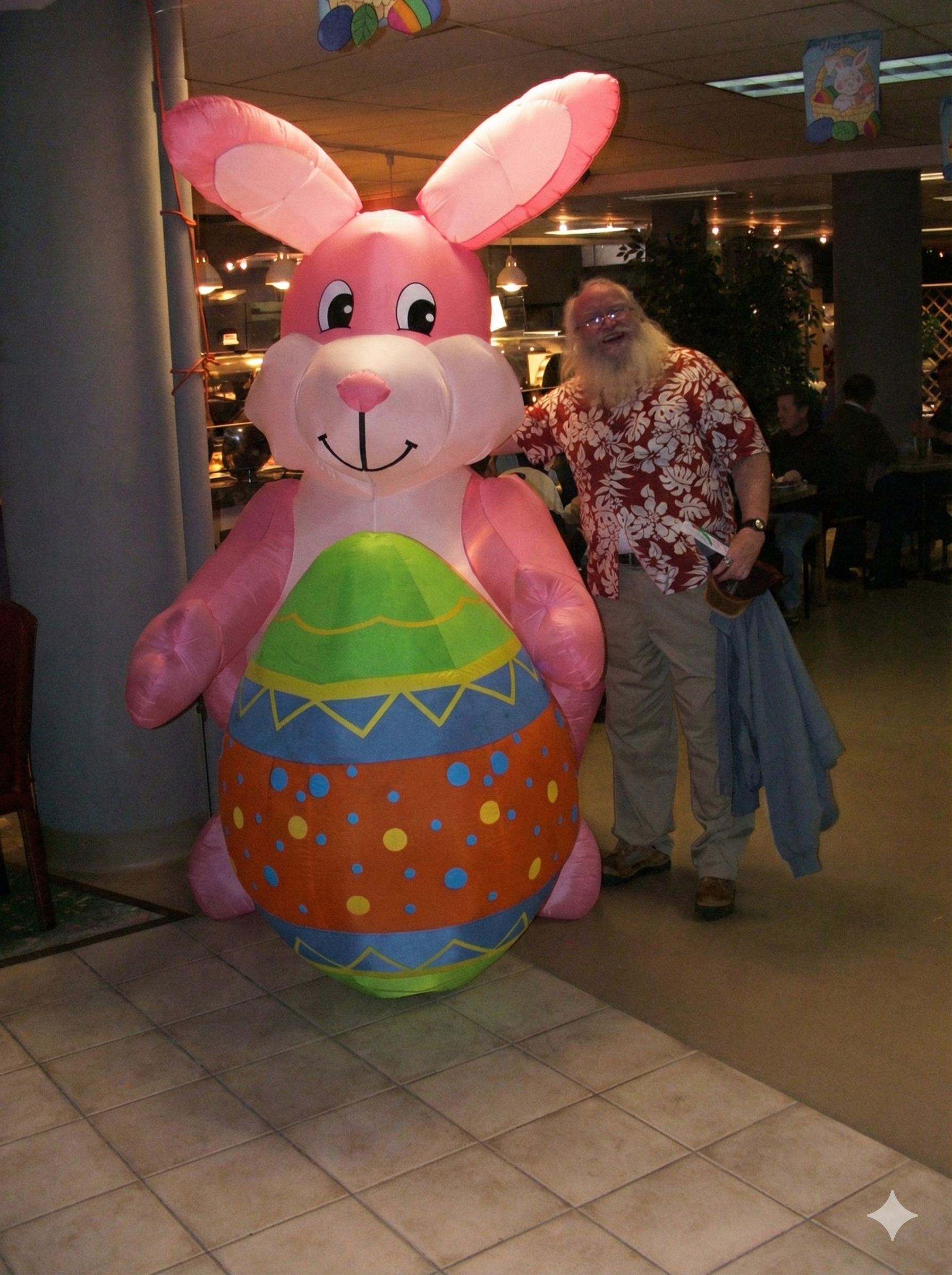 The Easter Bunny and Santa Claus posing together in a hallway